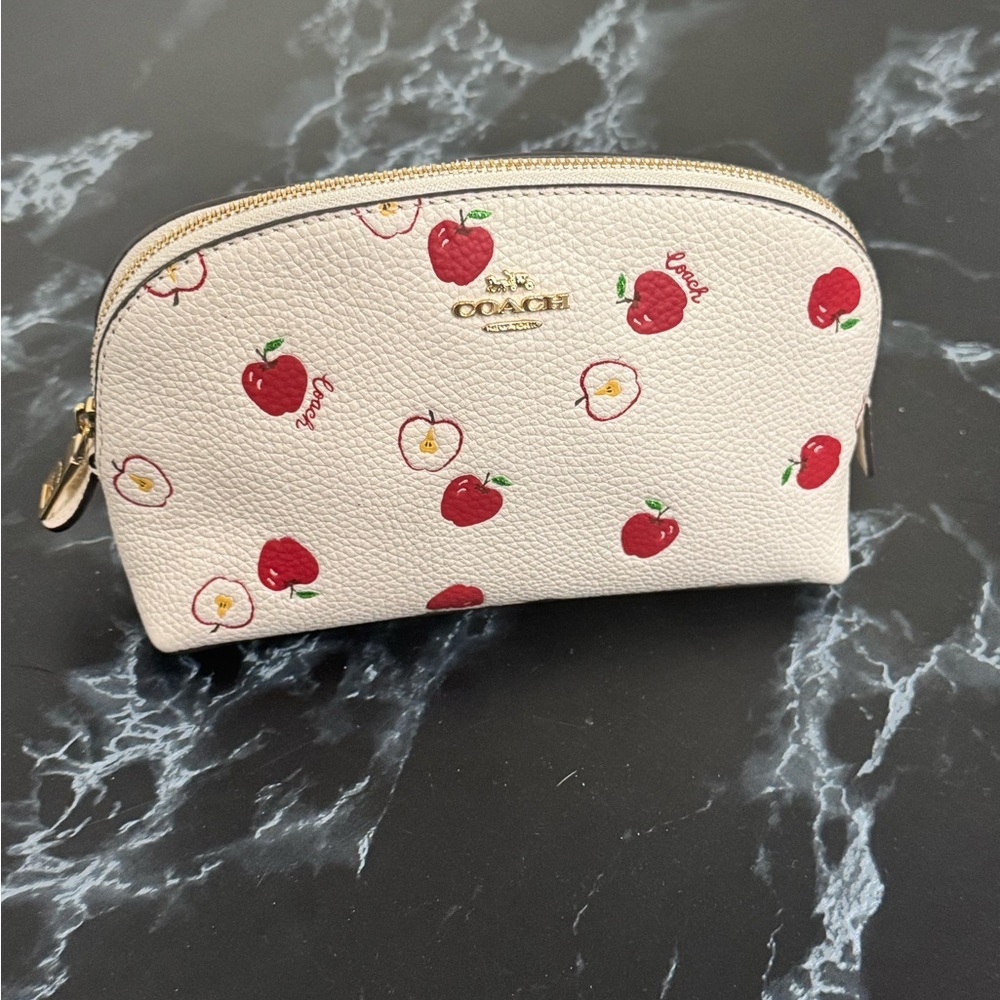 Coach White Red Cosmetic Leather Bag Clutch Case with Red Apple Print AUTHENTIC - Picture 10 of 12
